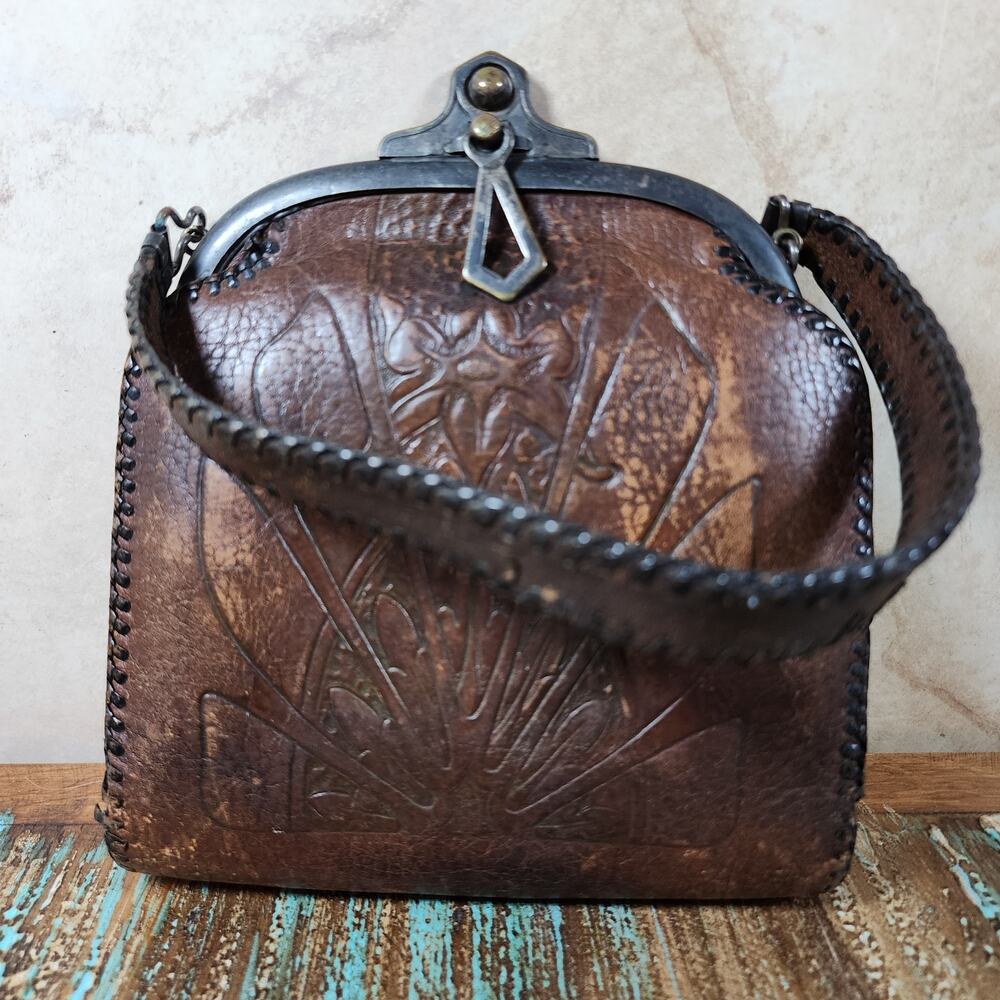 Vintage Leather Purse 1930s Hand Tooled Floral Fan Design Metal Clasp Brown Bag